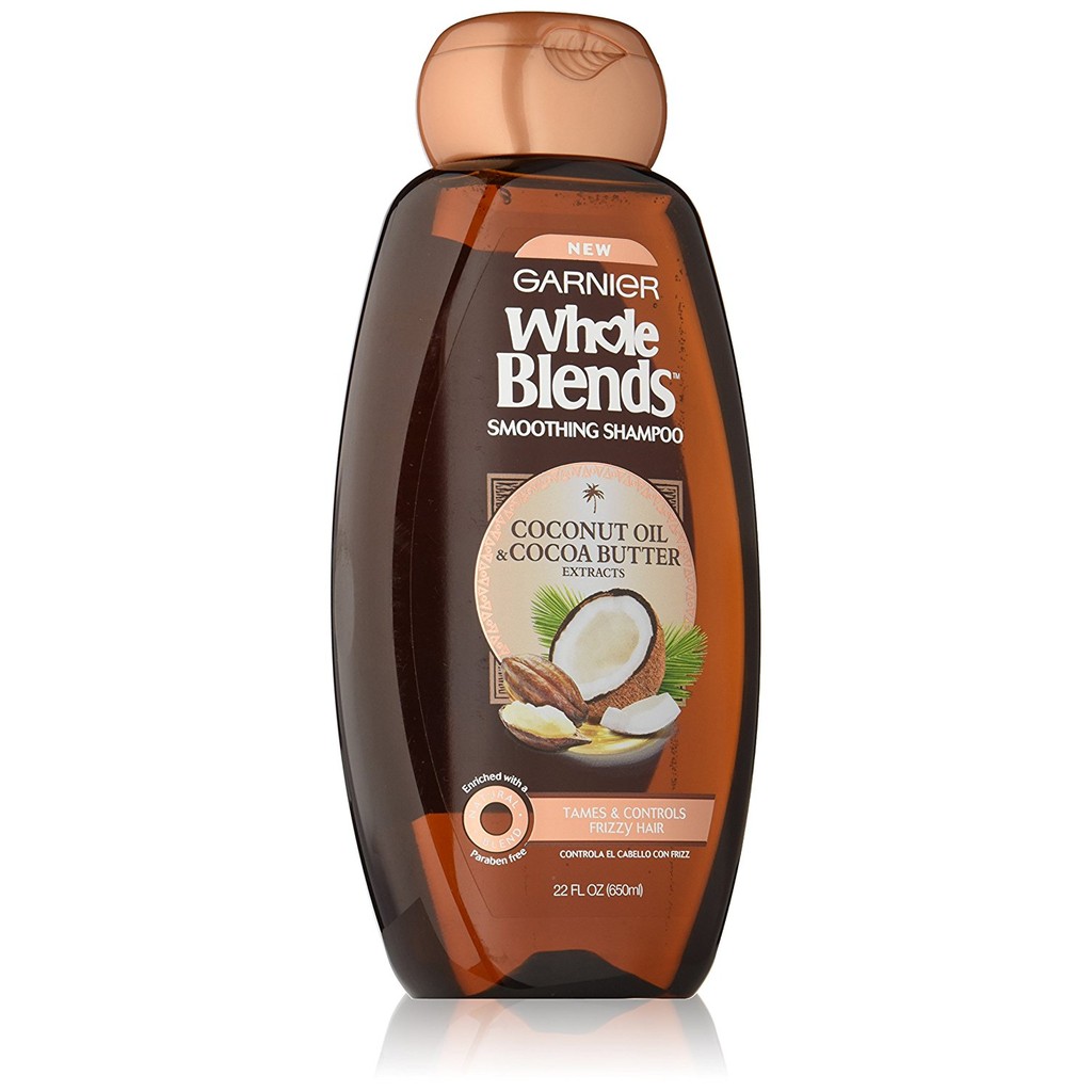 Dầu gội giúp mượt tóc chiết xuất dầu dừa &amp; bơ cacao Garnier Whole Blends Smoothing Shampoo 650ml (Mỹ)