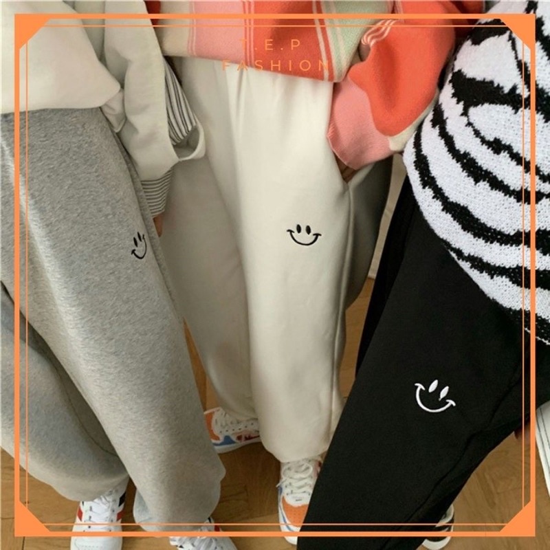 Quần Jogger Thêu Mặt Cười Quần Ống Rộng Bo Gấu Chất Nỉ Dày Dặn Tep Fashion - JG008