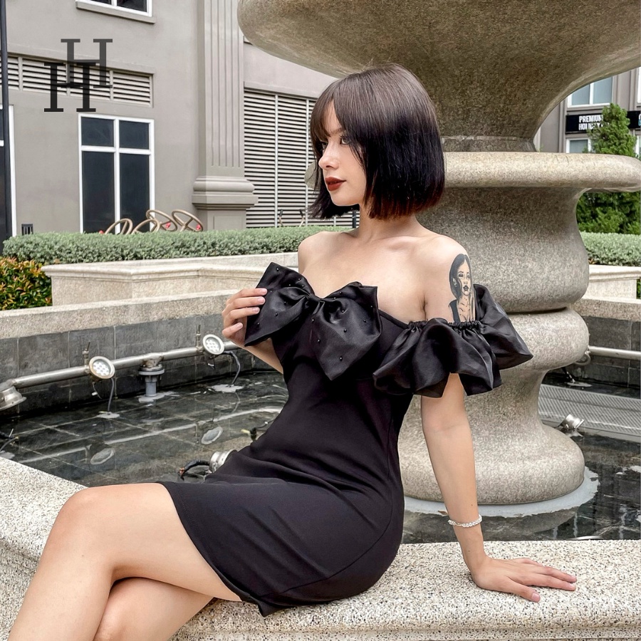 Đầm body cúp ngực formset tay bèo nơ màu đen HDT284 Hỉn Hỉn Store