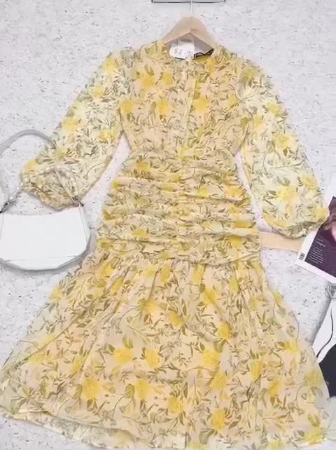 ⚡️BÁN SỈ⚡️Đầm đuôi cá nhún eo tay bồng hoạ tiết hoa vàng | BigBuy360 - bigbuy360.vn