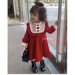 Váy nhung đỏ 2 nơ trắng cho bé gái