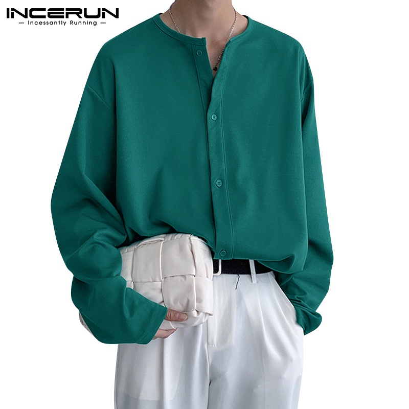 Áo sơ mi INCERUN tay dài dáng rộng thoải mái màu trơn cài khuy cho nam