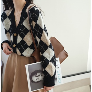 Áo cardigan dệt kim cổ chữ v kẻ ô