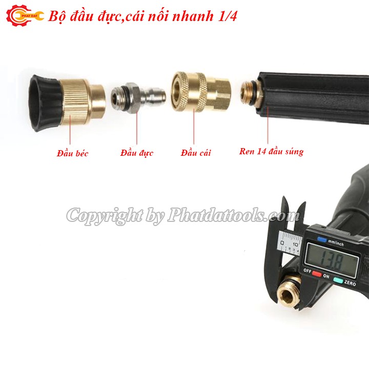 Đầu đực,cái nối nhanh 1/4,ren 14mm-Phụ kiện máy xịt rửa xe-Kết nối nhanh súng rửa xe với bình bọt tuyết,đầu béc rửa