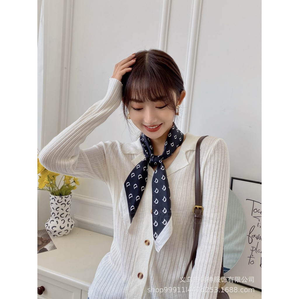 Khăn lụa vuông 70- Khăn turban quàng cổ làm áo yếm lụa Chiffon- Họa tiết chữ D đen trắng