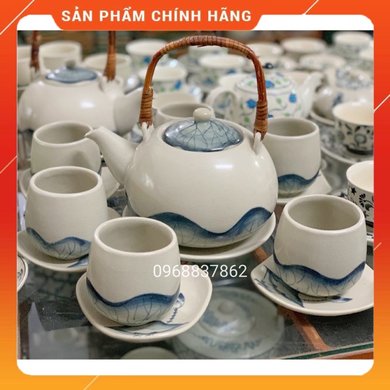 Bộ ấm chén men dạn quai mây vẽ tay thủ công bát tràng
