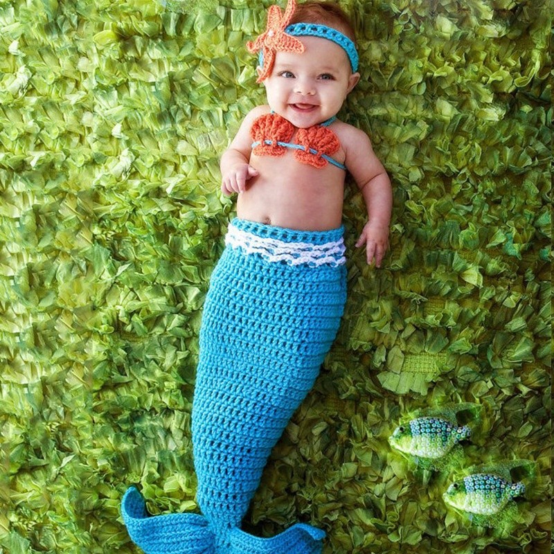 ❤XZQ-Newborn Baby Boys Girls Mermaid Bra Tail Crochet Costume Photography Prop Outfit