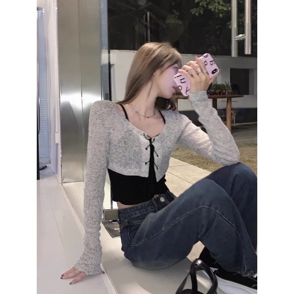 Set áo croptop đen đan dây xinh