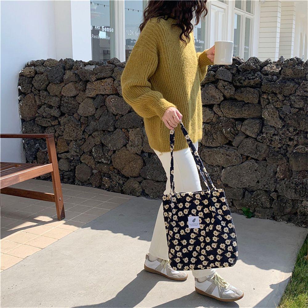 MIHAN1 Foldable Corduroy Large-capacity Canvas Shopping Bag Women Students Totes Reusable Storage Handbag Shoulder Bag