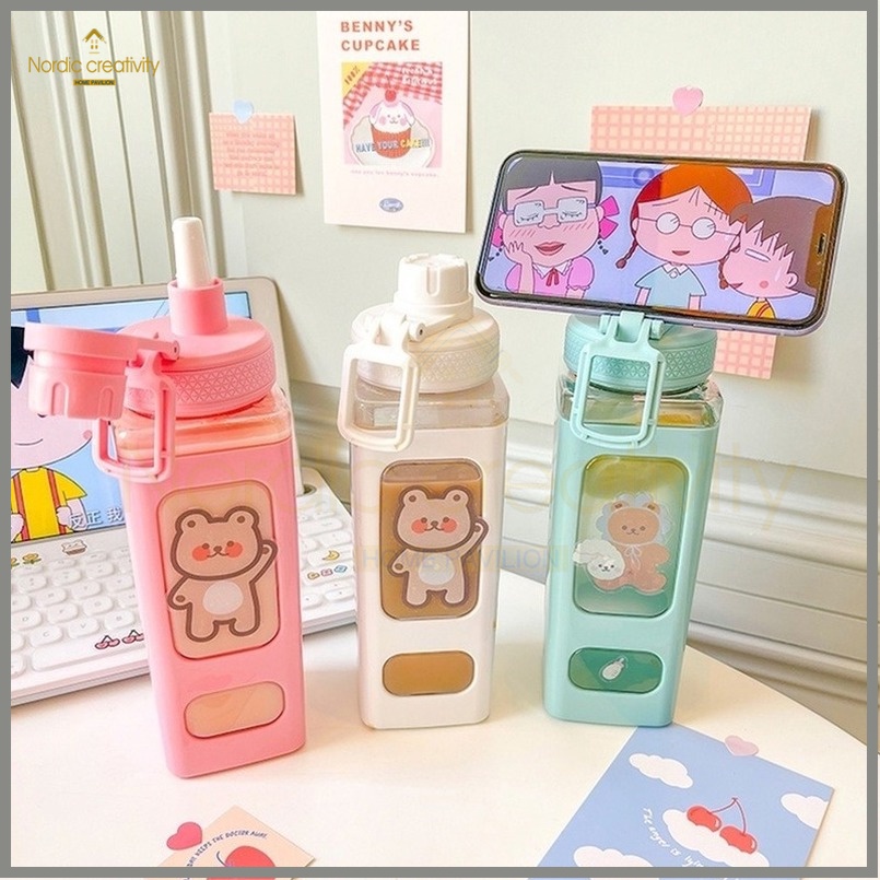 700Ml/900Ml Bình nước nhựa có ống hút Hàn quốc Vuông Gấu Chai Nước Công Suất Lớn Sinh Viên Chai Xách Tay Chai Với Rơm Rơm Nhựa Nước Chai BPA Miễn