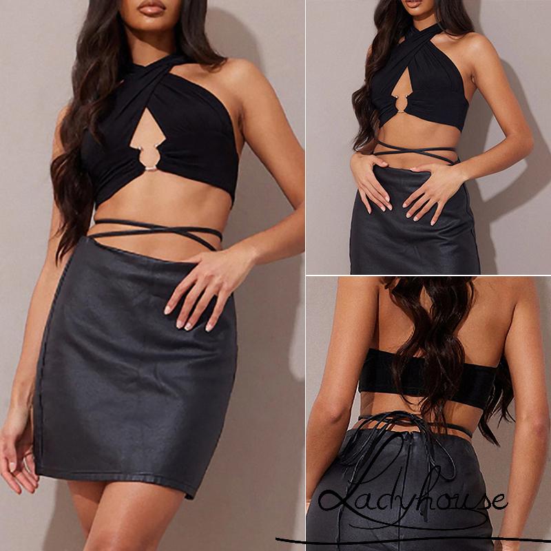 LDD-Women Vest Tops, Sleeveless Hanging Neck Solid Color Casual Party Club Spring Fall Summer Shirt