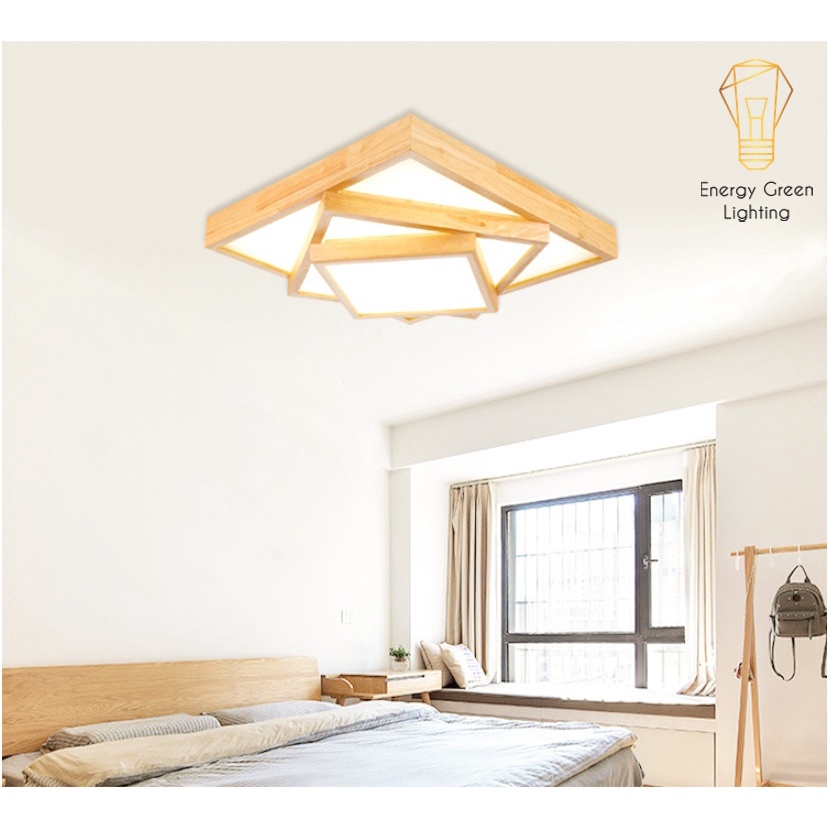 Đèn Ốp Trần Thân Gỗ Cao Cấp Energy Green Lighting DGT-Y380 - 2 Lớp, 3 Lớp Hình Vuông - Đường Kính 80cm