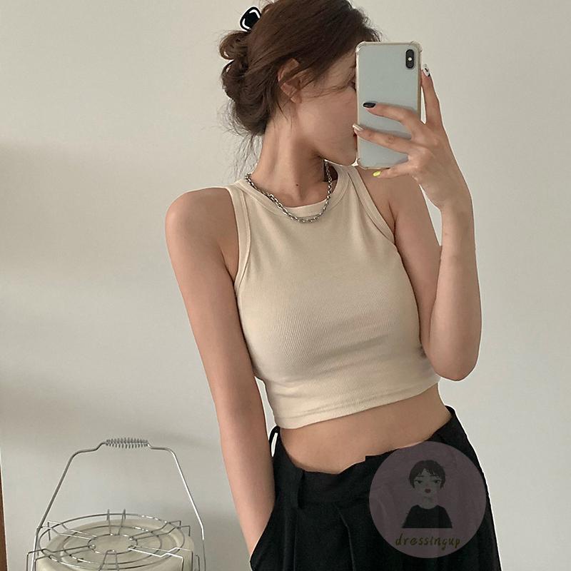 DRE-Women´s Round Collar Tank Tops, Solid Color Sleeveless Navel Tank Tops