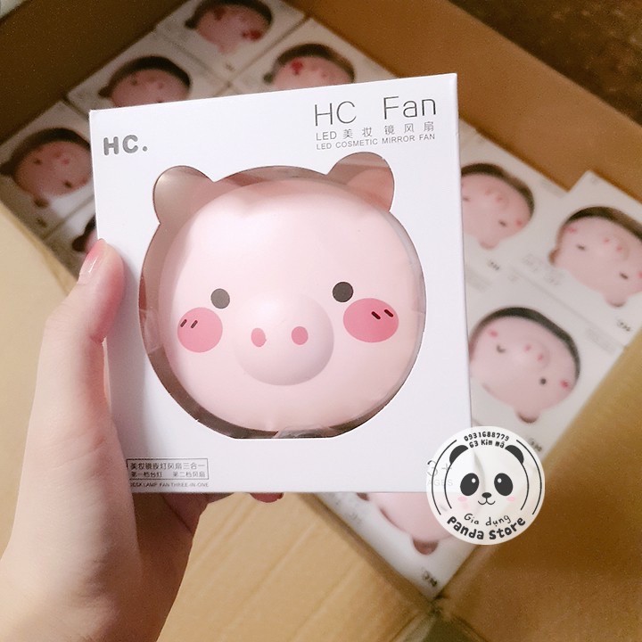 Quạt mini tích điện hình con lợn cute màu hồng , Có Gương , Đèn , 3 trong 1 !!