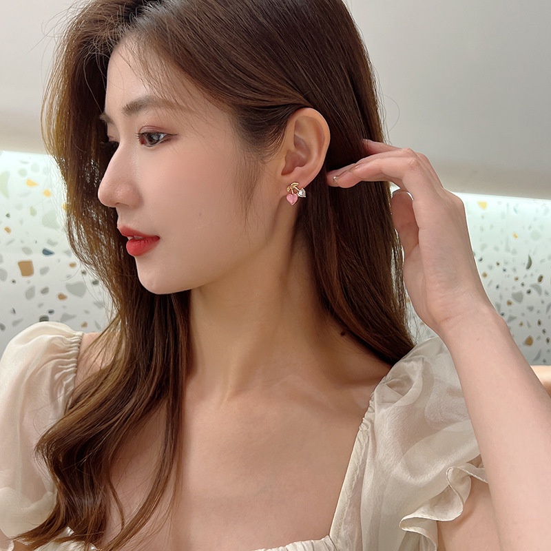 Bông Tai Mạ Bạc 925 Hình Trái Tim Đính Đá Zircon Hồng Phong Cách Hàn Quốc Cho Nữ