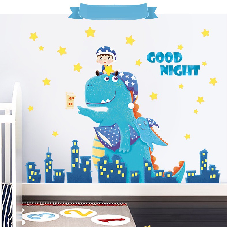 [FREE_SHIP] Decal dán tường Khủng long chúc bé ngủ ngon - Tranh dán tường Goodnight Khủng long xanh