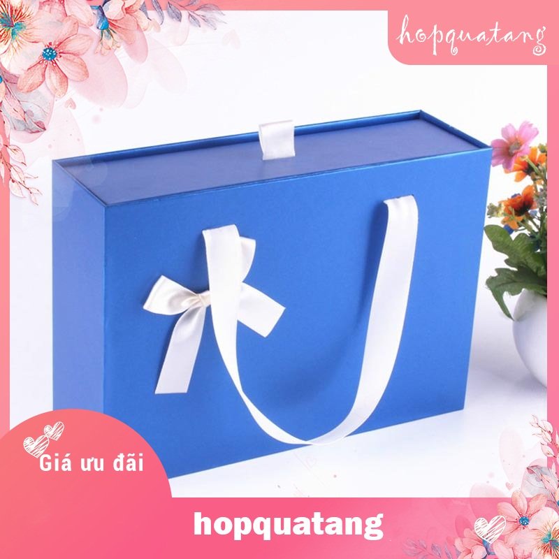 Hộp Quà Tặng Kèm Túi Màu Xanh Gắn Nơ Trắng Dạng Kéo Cao Cấp