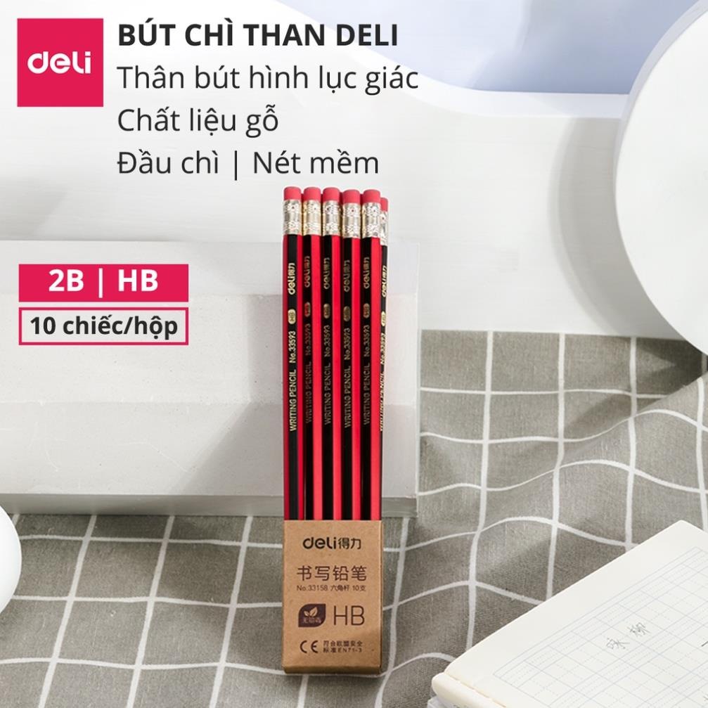 Bút chì lục giác Deli 2B/HB kèm đầu tẩy - bút chì gỗ dễ gọt phù hợp với học sinh, dân văn phòng, an toàn khi dùng