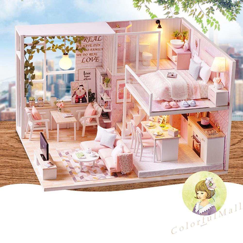 CUTEROOM Miniature DIY Dollhouse with Furnitures Wooden House Toys for Kids