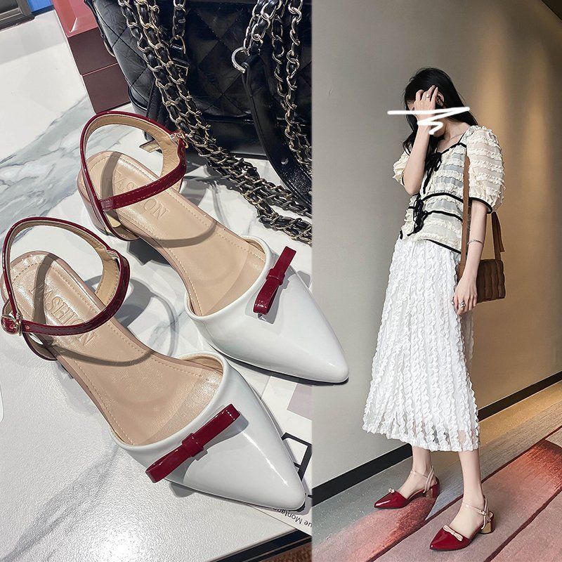 ✣Mid-heel thick-heeled high-heeled shoes, one-word buckle sandals, women s summer 2021 new style bow work shoes, Roman women s shoes