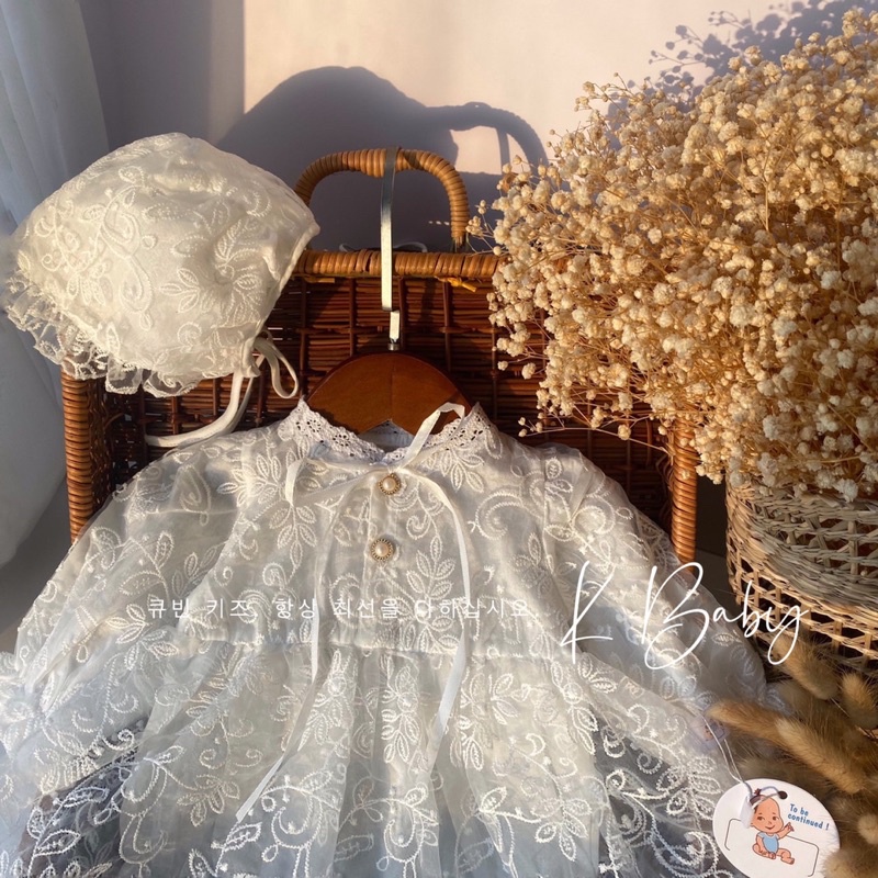 Váy chip tiểu thư tay dài ren hoa nơ cổ đính nút châu