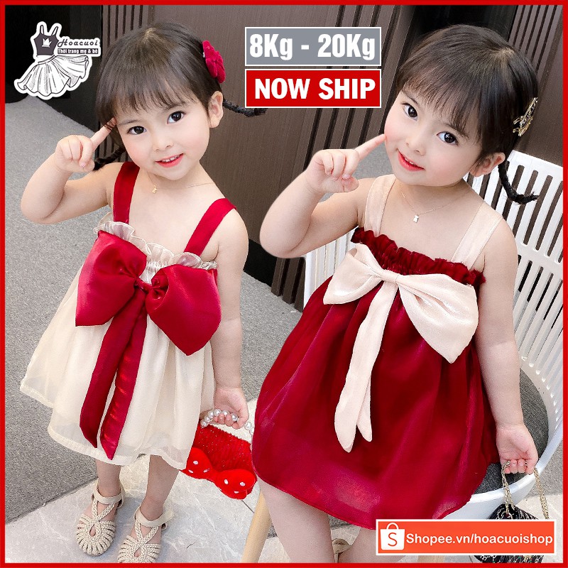 Đầm váy hở vai HC21 hai dây tiểu thư phối nơ siêu cute cho bé gái 8Kg - 20Kg mùa hè