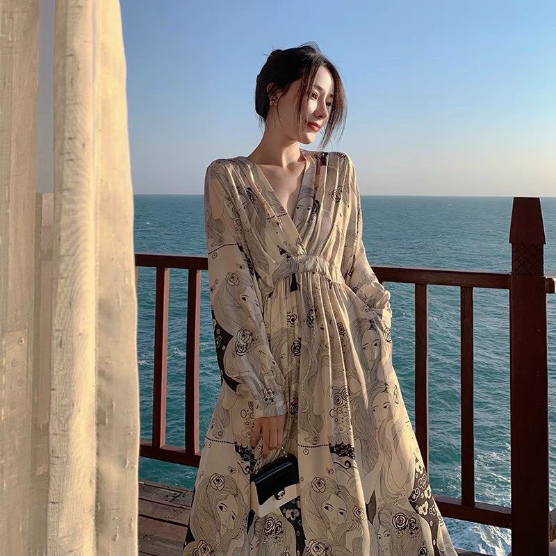 Hàng QC Maxi lụa tay dài trắng đen hoạ tiết cô gái, đầm váy sang trọng kín đáo, thời trang đi chơi/biển du lịch dạo phố