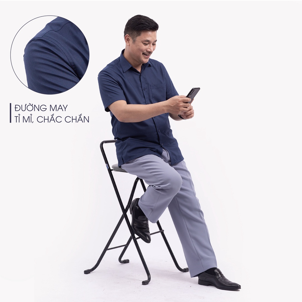 Áo Sơ Mi Nam Ngắn Tay Trung Niên ANCHI Màu Xanh Than Trơn Vải Sợi Tre Cao Cấp