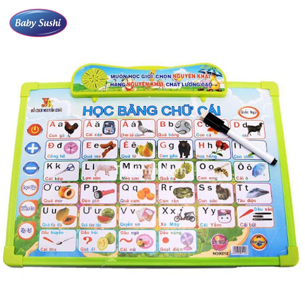 Bảng chữ cái điện tử babysushi gồm 5 tờ 11 chủ đề, bảng chữ cái luyện nghe nói cho bé từ 1-5 tuổi (tặng pin kèm theo)