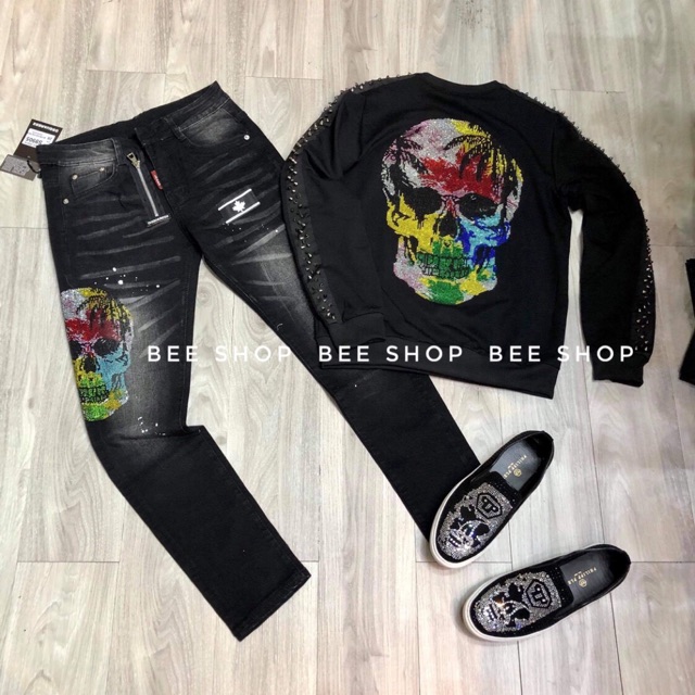 ck Quần bò đầu lâu đính đá, quần jean nam đầu lâu - Bee Shop