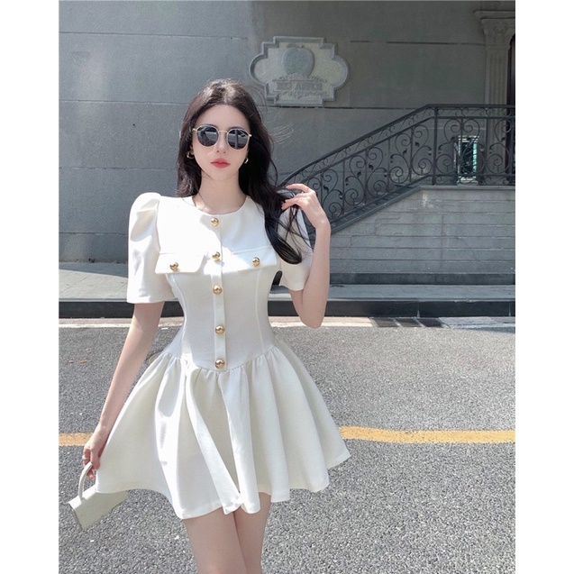 Đầm Thiết Kế Dáng Ngắn Mix Khuy Vàng Tiểu Thư - Ảnh thật