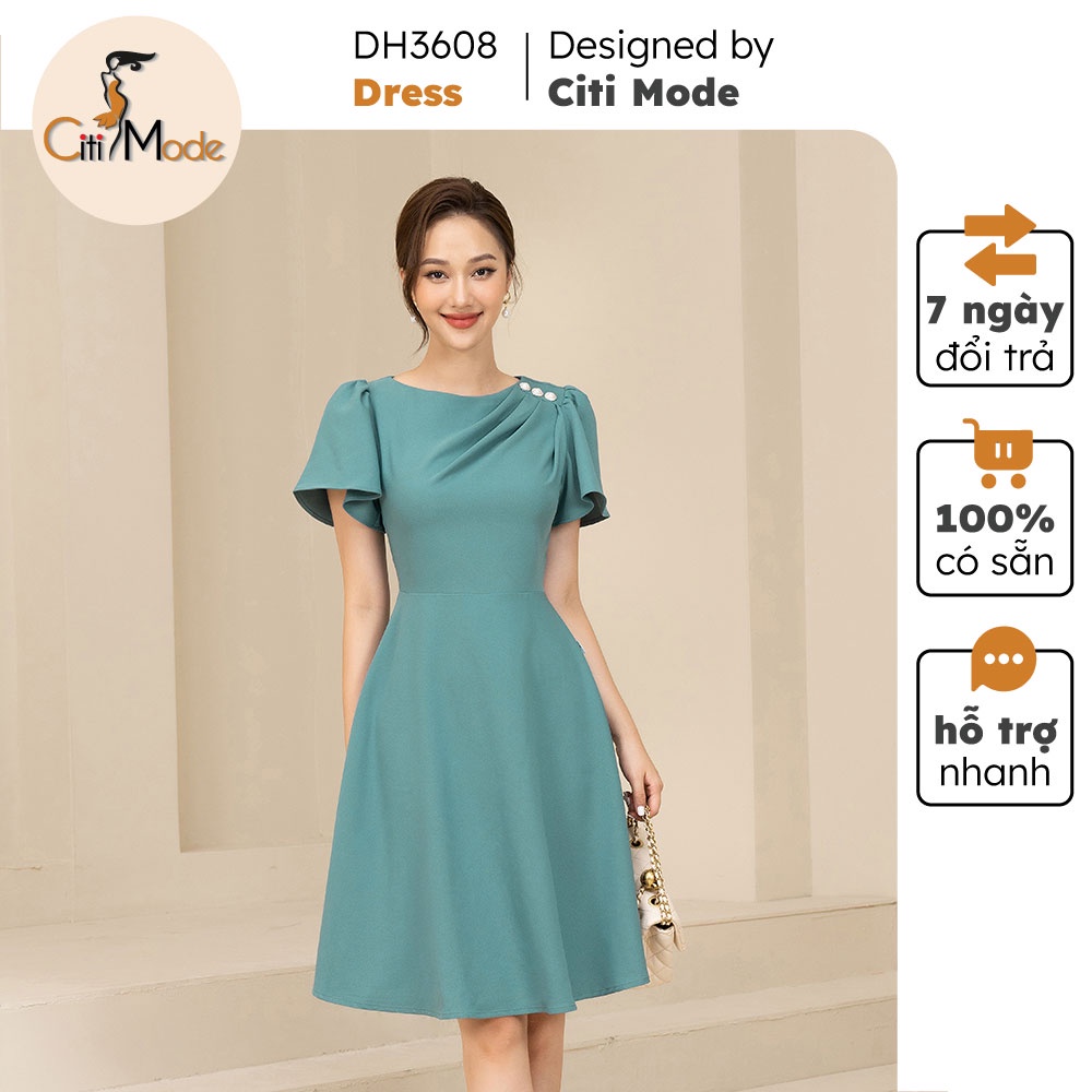 Đầm xòe công sở xanh lục CITI MODE cổ tròn nhún vai đính cúc chất liệu co giãn nhẹ DH3608