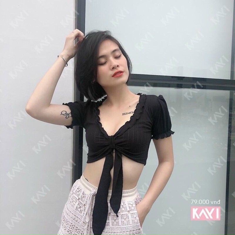 áo croptop nữ thun gân lên kiểu cột nơ viền bèo