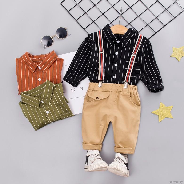 Set áo sơ mi kẻ sọc phối quần yếm đáng yêu cho bé trai