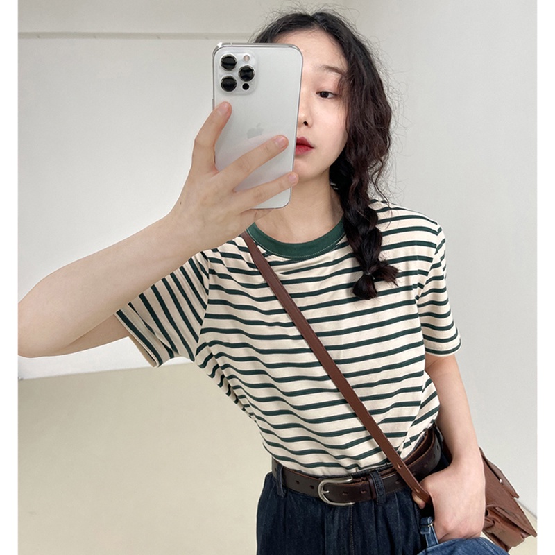 SUXI Áo thun tay ngắn cổ tròn họa tiết kẻ sọc phong cách Hàn Quốc mới thời trang mùa hè dành cho nữ