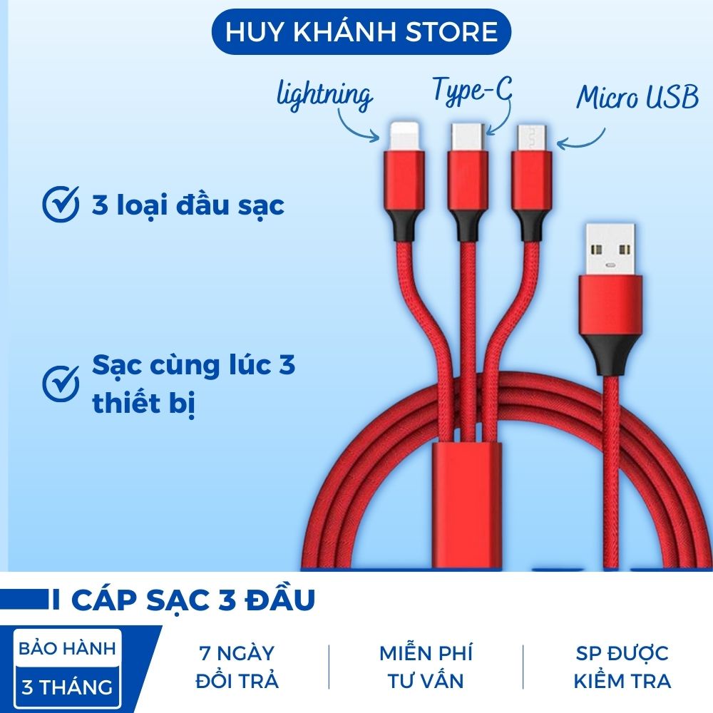 Cáp Sạc Nhiều Đầu 💥FREESHIP💥 Giảm 10k Khi Nhập [CAP SAC NHANH] Dây Cáp Sạc 3 Đầu Thông Minh Dây Dù Cực Bền