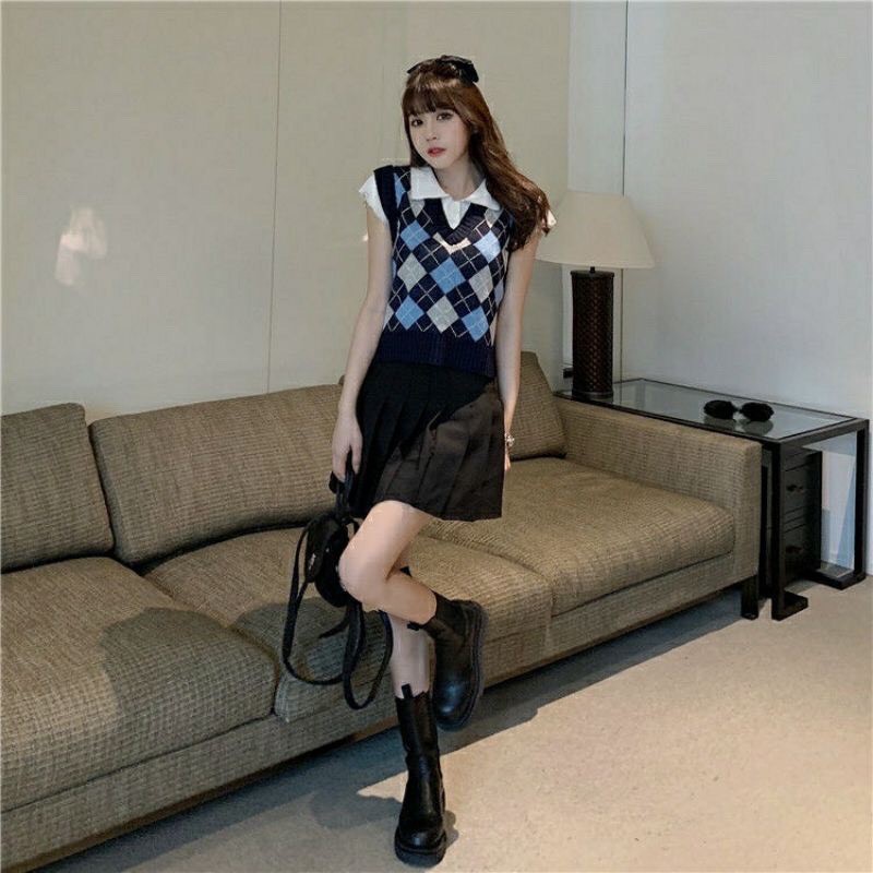 Áo gile len nữ dáng croptop họa tiết caro phong cách Ulzzang siêu xinh - 4BASIC Len03 | BigBuy360 - bigbuy360.vn