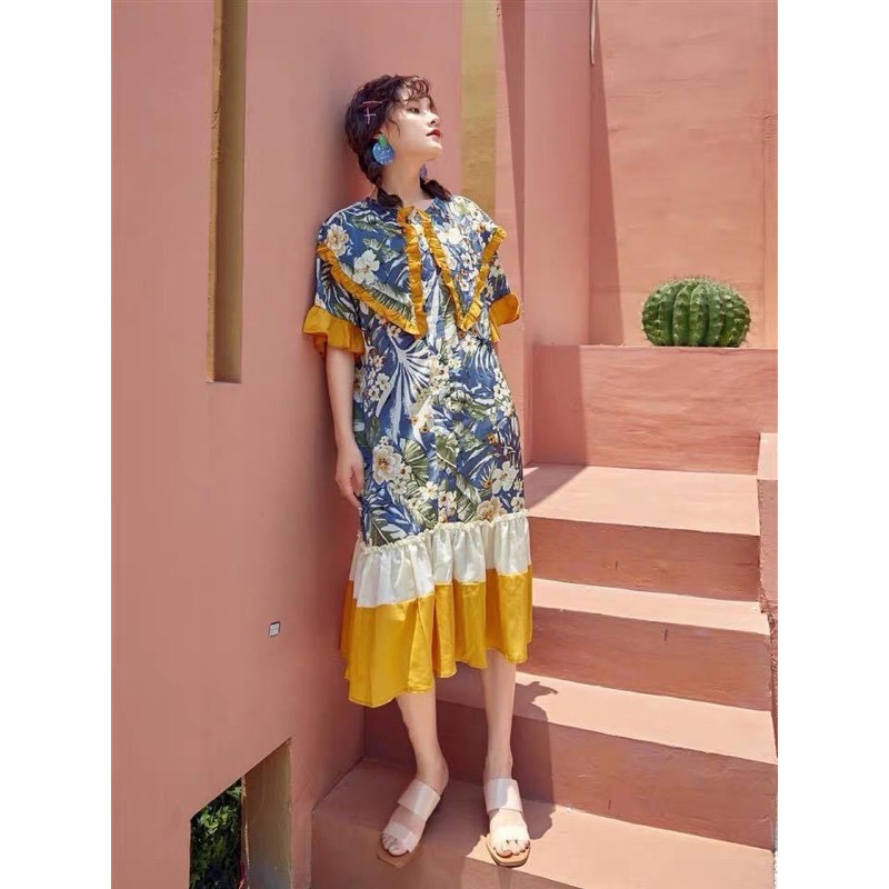 Váy đầm boho hoa thổ cẩm đuôi cá phối bèo tiểu thư Pháp retro vintage váy đầm bầu hoa lá xanh mẹ và bé