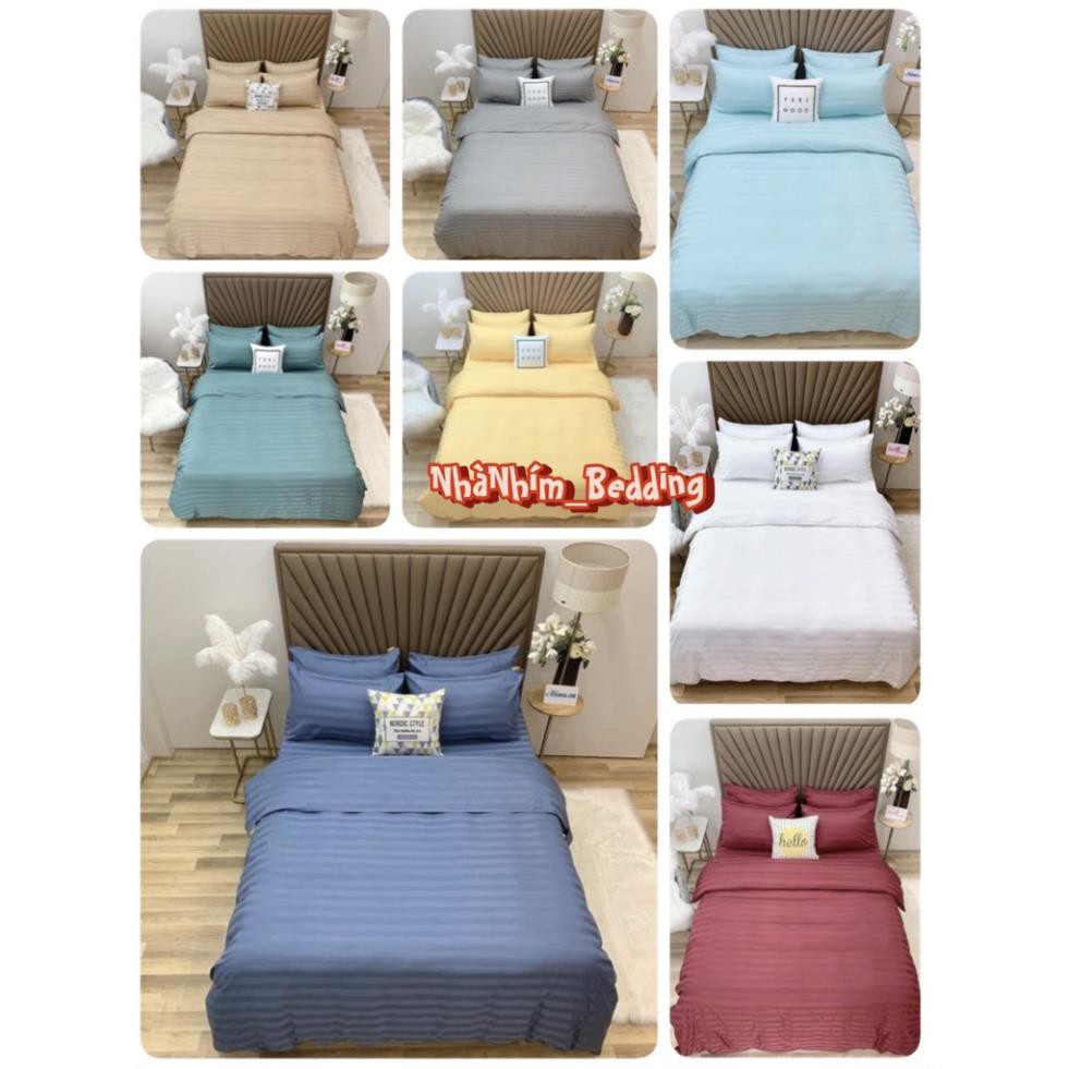 Bộ vỏ chăn ga gối Cotton 3F Nhà Nhím Chăn ga gối kẻ sọc khách sạn cao cấp