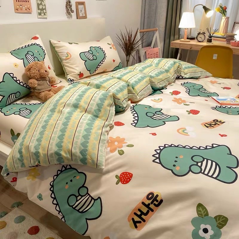 Bộ Chăn Phao Ga Gối ☀️ Vỏ Chăn Ga Gối Cotton poly 3D Hàn Quốc Khủng Long Xanhcotton thun mát bền có nhiều kích thước