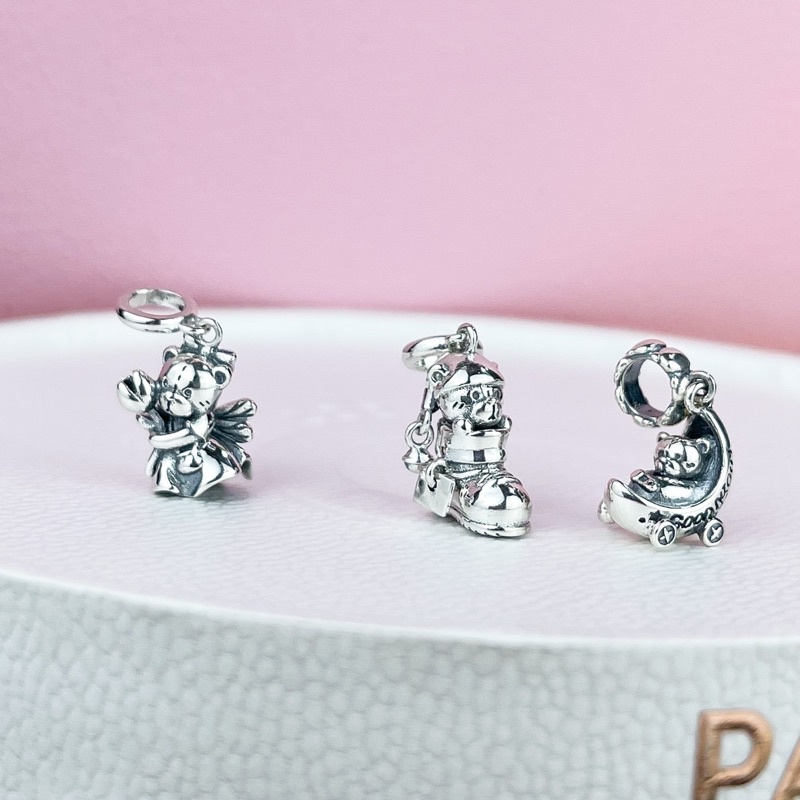 Hạt charm treo gấu nằm trong nôi bạc s925 Cao cấp - CÓ BẢO HÀNH