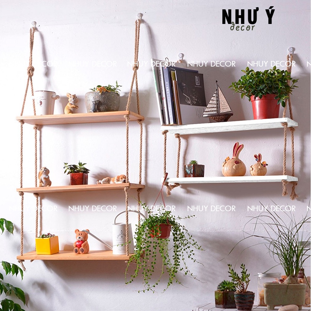 kệ treo tường thanh ngang - kệ gỗ treo tường tặng kèm dây thừng