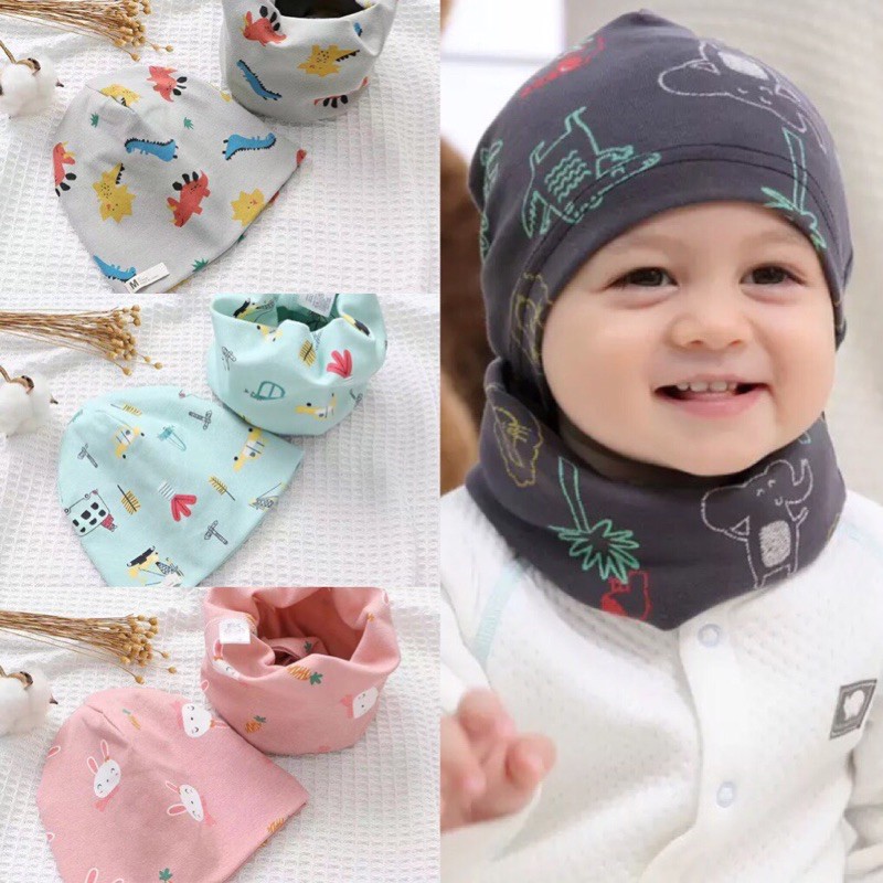 Nini_kids: Bộ mũ + khăn ống cotton co giãn CAO CẤP cho bé, mũ, khăn mùa đông, mũ mềm