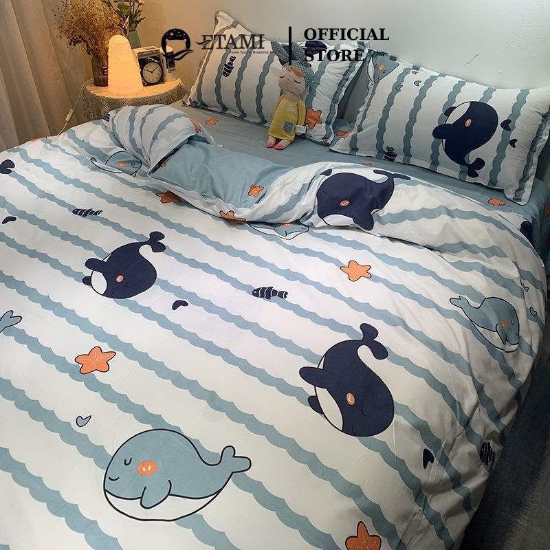 Bộ chăn ga gối ETAMI cotton poly cá heo xanh cute miễn phí bo chun drap giường ga trải giường P01