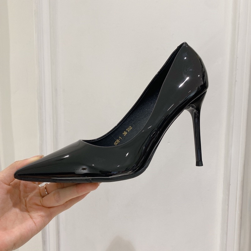 Giày cao gót da bóng mũi nhọn gót đũa cao cấp đơn giản