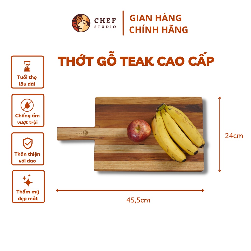 Thớt gỗ Teak Chef Studio cao cấp hình chữ nhật có tay cầm, dùng cho cắt thái và trang trí