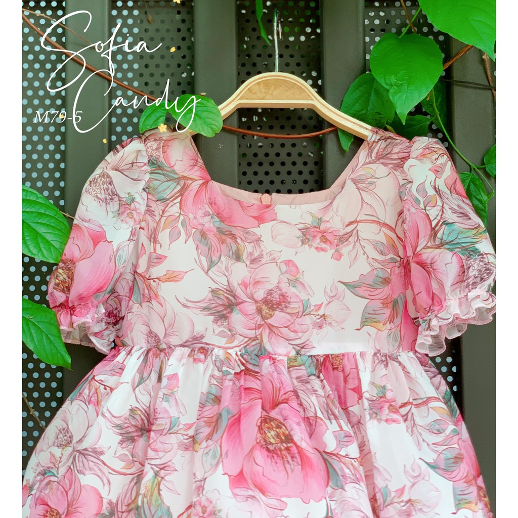 Váy sofia cổ vuông Hoa Mẫu Đơn hồng TƯƠI