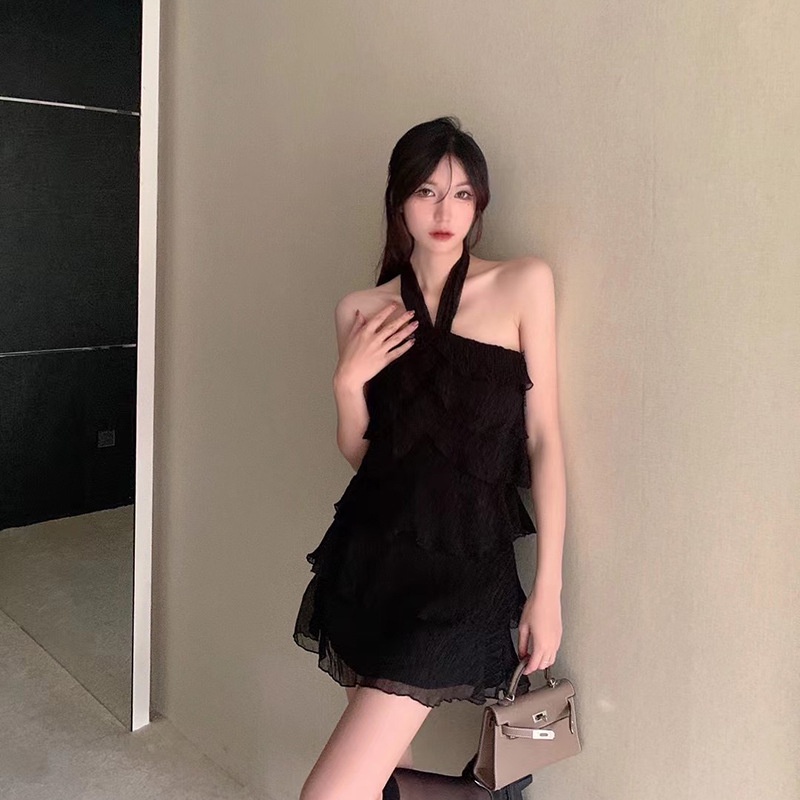 Đầm ngắn IELGY hở lưng không tay diềm xếp nếp phong cách mùa hè cho nữ