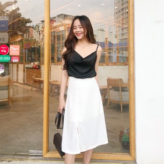 ÁO 2 DÂY CỔ ĐỖ VẢI PHI LỤA ZAREEN VOA32 BLACK