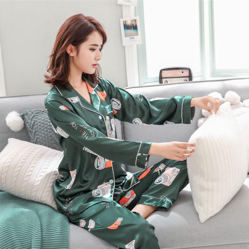 Summer Couple Silk Ice Silk Camera Pajamas Print Long Sleeve Casual Korean Loose Home Pajamas Set